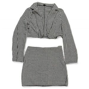 Black and White Houndstooth Two-Piece Set - Mini Skirt and Cropped Blazer
